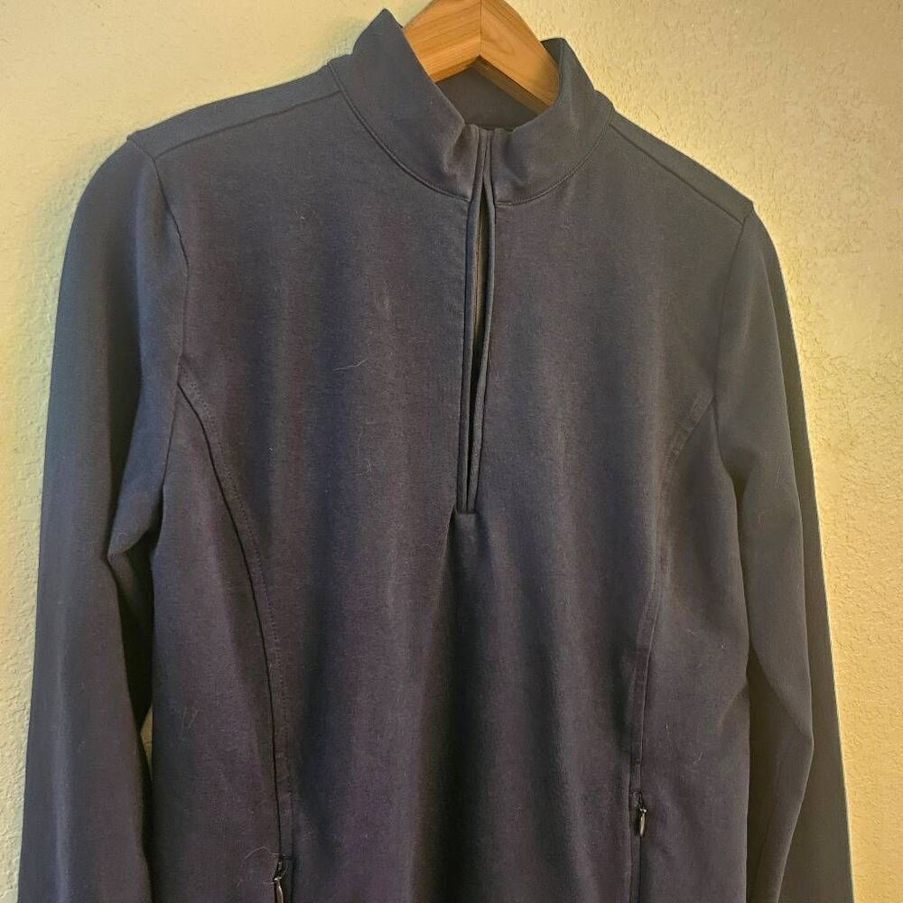 Lands End Quarter-zip Navy Blue Fitted & Flattering Long-sleeve Top w/ pockets